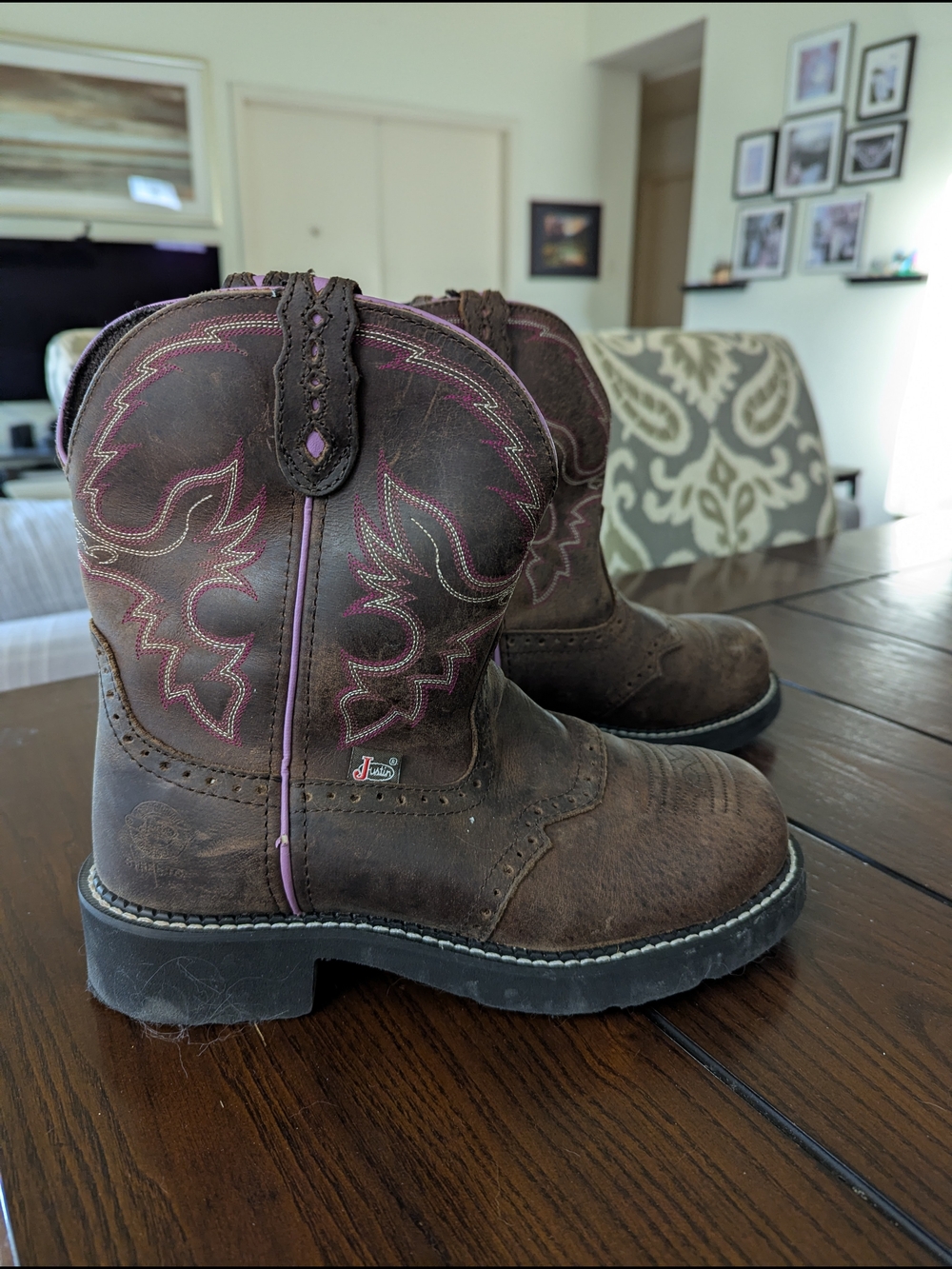 Sz 9B Justin Gypsy Pink & Brown Women's Steel Toed Leather Work Boots - Western